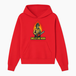 Skull Firefighter T-Shirt - 'Smells Like Work' Graphic Tee, Horror Theme, Chainsaw Design, Fireman Humor Apparel - Hoodie 1757912460844.jpg