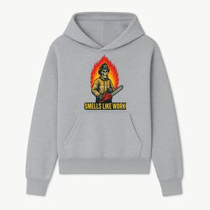 Skull Firefighter T-Shirt - 'Smells Like Work' Graphic Tee, Horror Theme, Chainsaw Design, Fireman Humor Apparel - Hoodie 1757912461007.jpg