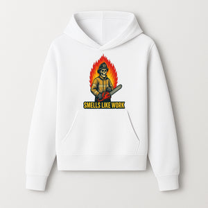 Skull Firefighter T-Shirt - 'Smells Like Work' Graphic Tee, Horror Theme, Chainsaw Design, Fireman Humor Apparel - Hoodie 1757912461155.jpg