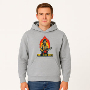 Skull Firefighter T-Shirt - 'Smells Like Work' Graphic Tee, Horror Theme, Chainsaw Design, Fireman Humor Apparel - Hoodie 1757912462378.jpg