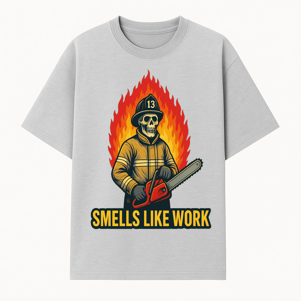Skull Firefighter T-Shirt - 'Smells Like Work' Graphic Tee, Horror Theme, Chainsaw Design, Fireman Humor Apparel - T-shirt 1757912462775.jpg