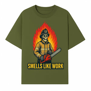 Skull Firefighter T-Shirt - 'Smells Like Work' Graphic Tee, Horror Theme, Chainsaw Design, Fireman Humor Apparel - T-shirt 1757912463311.jpg