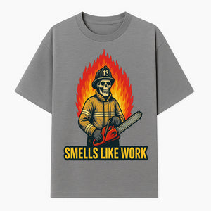 Skull Firefighter T-Shirt - 'Smells Like Work' Graphic Tee, Horror Theme, Chainsaw Design, Fireman Humor Apparel - T-shirt 1757912463462.jpg