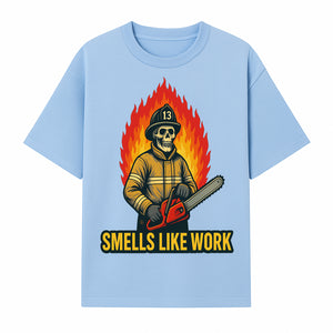 Skull Firefighter T-Shirt - 'Smells Like Work' Graphic Tee, Horror Theme, Chainsaw Design, Fireman Humor Apparel - T-shirt 1757912463611.jpg