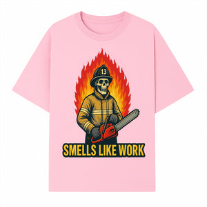 Skull Firefighter T-Shirt - 'Smells Like Work' Graphic Tee, Horror Theme, Chainsaw Design, Fireman Humor Apparel - T-shirt 1757912463777.jpg