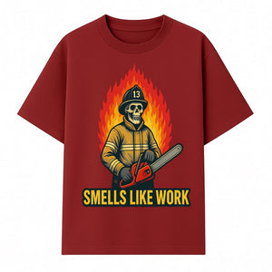 Skull Firefighter T-Shirt - 'Smells Like Work' Graphic Tee, Horror Theme, Chainsaw Design, Fireman Humor Apparel - T-shirt 1757912463922.jpg