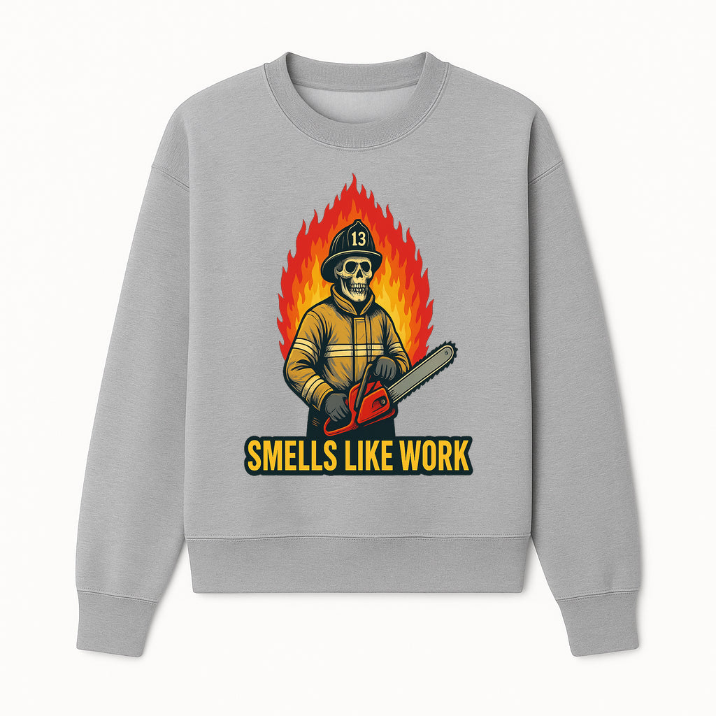 Skull Firefighter T-Shirt - 'Smells Like Work' Graphic Tee, Horror Theme, Chainsaw Design, Fireman Humor Apparel - Sweatshirt 1757912465966.jpg