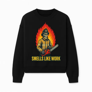 Skull Firefighter T-Shirt - 'Smells Like Work' Graphic Tee, Horror Theme, Chainsaw Design, Fireman Humor Apparel - Sweatshirt 1757912466112.jpg