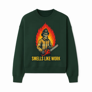 Skull Firefighter T-Shirt - 'Smells Like Work' Graphic Tee, Horror Theme, Chainsaw Design, Fireman Humor Apparel - Sweatshirt 1757912466427.jpg