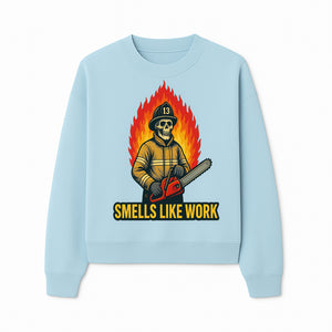Skull Firefighter T-Shirt - 'Smells Like Work' Graphic Tee, Horror Theme, Chainsaw Design, Fireman Humor Apparel - Sweatshirt 1757912466705.jpg
