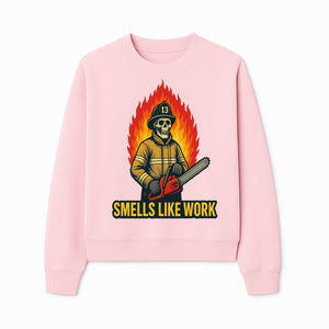 Skull Firefighter T-Shirt - 'Smells Like Work' Graphic Tee, Horror Theme, Chainsaw Design, Fireman Humor Apparel - Sweatshirt 1757912466869.jpg