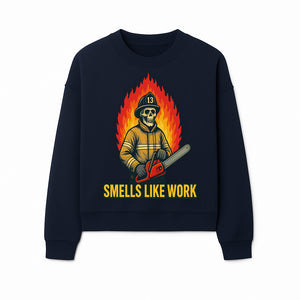 Skull Firefighter T-Shirt - 'Smells Like Work' Graphic Tee, Horror Theme, Chainsaw Design, Fireman Humor Apparel - Sweatshirt 1757912467196.jpg
