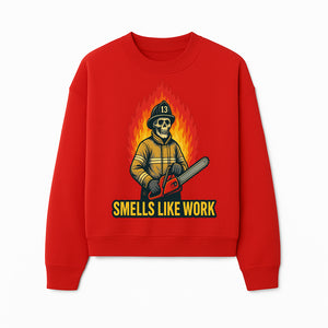 Skull Firefighter T-Shirt - 'Smells Like Work' Graphic Tee, Horror Theme, Chainsaw Design, Fireman Humor Apparel - Sweatshirt 1757912467354.jpg
