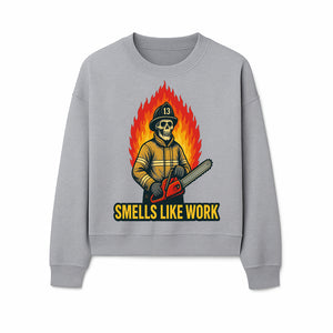 Skull Firefighter T-Shirt - 'Smells Like Work' Graphic Tee, Horror Theme, Chainsaw Design, Fireman Humor Apparel - Sweatshirt 1757912467508.jpg