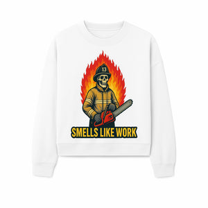 Skull Firefighter T-Shirt - 'Smells Like Work' Graphic Tee, Horror Theme, Chainsaw Design, Fireman Humor Apparel - Sweatshirt 1757912467711.jpg