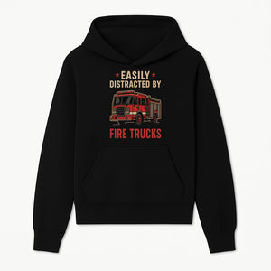 Easily Distracted by Fire Trucks Retro Graphic Tee | Firefighter Enthusiast Shirt | Fun Casual Wear - Hoodie 1757912467997.jpg