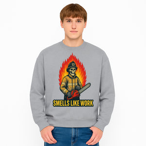 Skull Firefighter T-Shirt - 'Smells Like Work' Graphic Tee, Horror Theme, Chainsaw Design, Fireman Humor Apparel - Sweatshirt 1757912468872.jpg