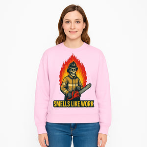 Skull Firefighter T-Shirt - 'Smells Like Work' Graphic Tee, Horror Theme, Chainsaw Design, Fireman Humor Apparel - Sweatshirt 1757912469004.jpg
