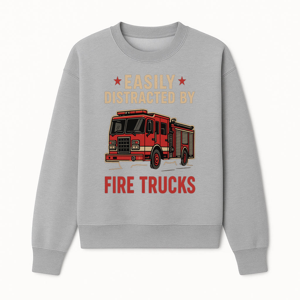Easily Distracted by Fire Trucks Retro Graphic Tee | Firefighter Enthusiast Shirt | Fun Casual Wear - Sweatshirt 1757912474779.jpg