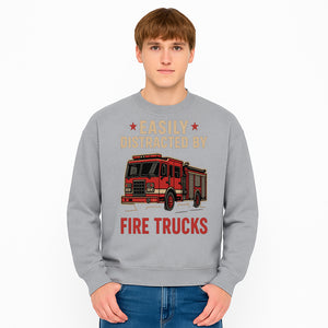 Easily Distracted by Fire Trucks Retro Graphic Tee | Firefighter Enthusiast Shirt | Fun Casual Wear - Sweatshirt 1757912477740.jpg