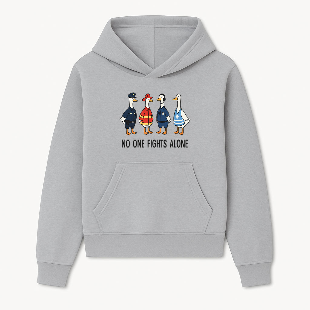 Funny Duck Designs: No One Fights Alone Cop, Firefighter, EMT & Dispatcher Ducks Graphic Tees for Supportive Humor - Hoodie 1757912479263.jpg