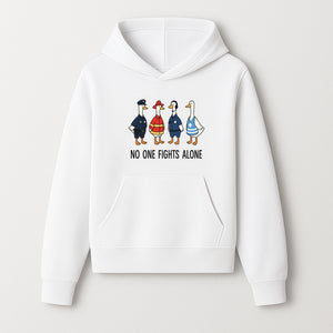 Funny Duck Designs: No One Fights Alone Cop, Firefighter, EMT & Dispatcher Ducks Graphic Tees for Supportive Humor - Hoodie 1757912481001.jpg