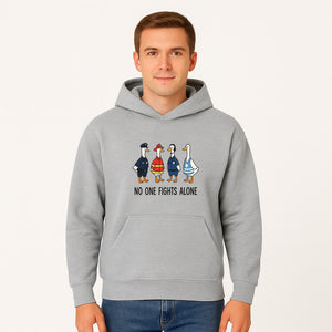 Funny Duck Designs: No One Fights Alone Cop, Firefighter, EMT & Dispatcher Ducks Graphic Tees for Supportive Humor - Hoodie 1757912482168.jpg