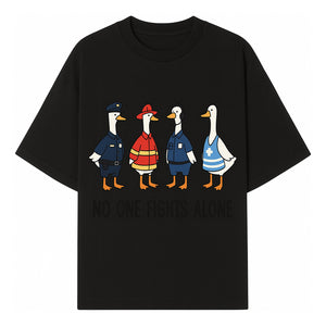 Funny Duck Designs: No One Fights Alone Cop, Firefighter, EMT & Dispatcher Ducks Graphic Tees for Supportive Humor - T-shirt 1757912482572.jpg