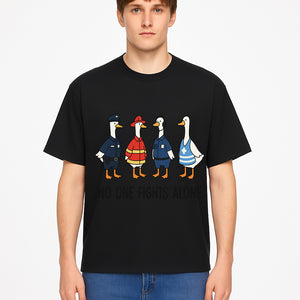 Funny Duck Designs: No One Fights Alone Cop, Firefighter, EMT & Dispatcher Ducks Graphic Tees for Supportive Humor - T-shirt 1757912485341.jpg