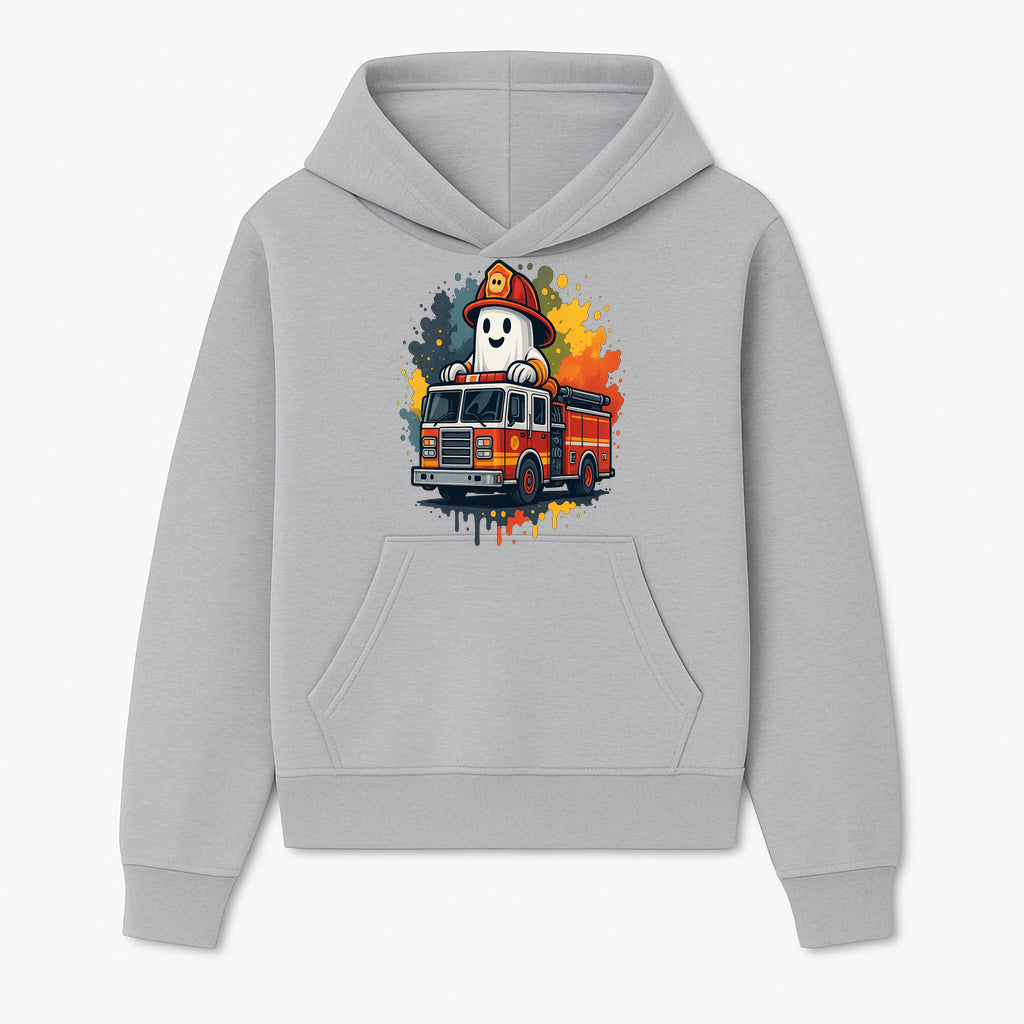 Firefighter Ghost on Fire Truck Cute Cartoon Design T-Shirt, Kids Halloween Costume Tee, Fun Spooky Apparel - Hoodie 1757912489178.jpg