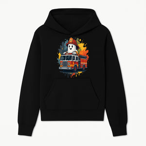 Firefighter Ghost on Fire Truck Cute Cartoon Design T-Shirt, Kids Halloween Costume Tee, Fun Spooky Apparel - Hoodie 1757912489329.jpg