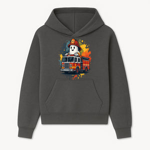 Firefighter Ghost on Fire Truck Cute Cartoon Design T-Shirt, Kids Halloween Costume Tee, Fun Spooky Apparel - Hoodie 1757912489487.jpg