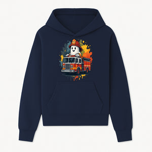 Firefighter Ghost on Fire Truck Cute Cartoon Design T-Shirt, Kids Halloween Costume Tee, Fun Spooky Apparel - Hoodie 1757912490451.jpg