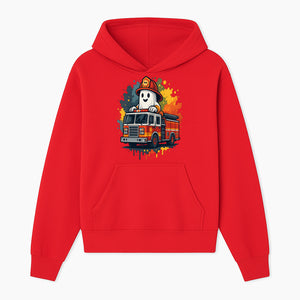 Firefighter Ghost on Fire Truck Cute Cartoon Design T-Shirt, Kids Halloween Costume Tee, Fun Spooky Apparel - Hoodie 1757912490628.jpg