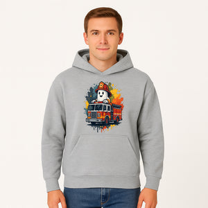Firefighter Ghost on Fire Truck Cute Cartoon Design T-Shirt, Kids Halloween Costume Tee, Fun Spooky Apparel - Hoodie 1757912492129.jpg