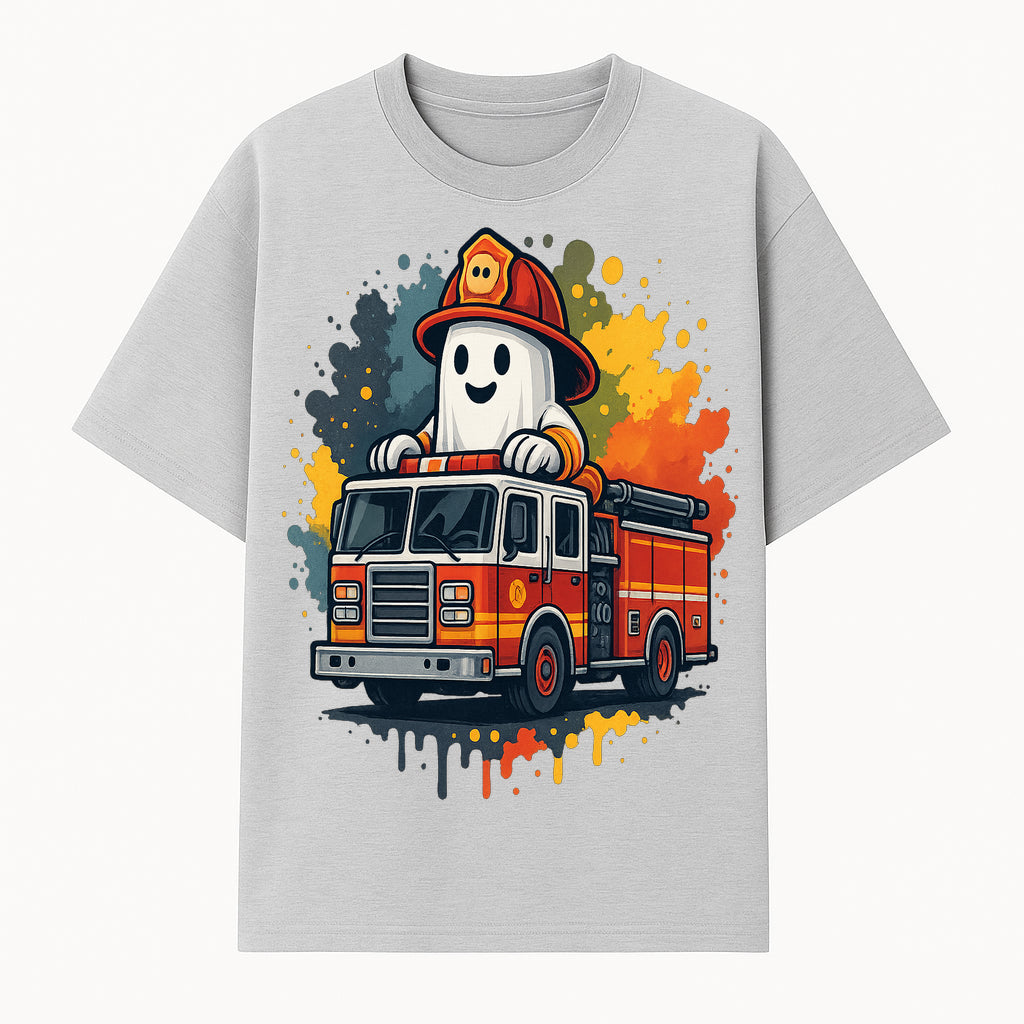 Firefighter Ghost on Fire Truck Cute Cartoon Design T-Shirt, Kids Halloween Costume Tee, Fun Spooky Apparel - T-shirt 1757912492434.jpg