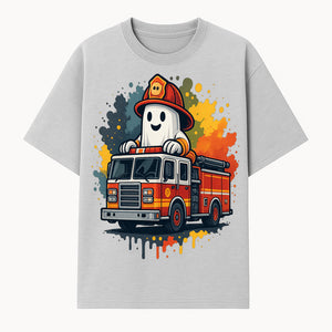 Firefighter Ghost on Fire Truck Cute Cartoon Design T-Shirt, Kids Halloween Costume Tee, Fun Spooky Apparel - T-shirt 1757912492434.jpg