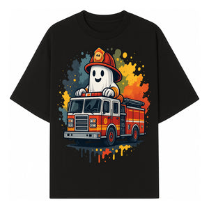 Firefighter Ghost on Fire Truck Cute Cartoon Design T-Shirt, Kids Halloween Costume Tee, Fun Spooky Apparel - T-shirt 1757912492592.jpg