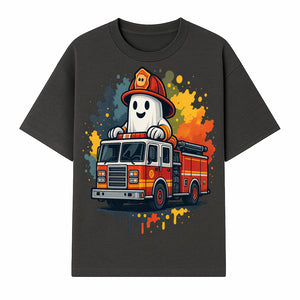 Firefighter Ghost on Fire Truck Cute Cartoon Design T-Shirt, Kids Halloween Costume Tee, Fun Spooky Apparel - T-shirt 1757912492763.jpg