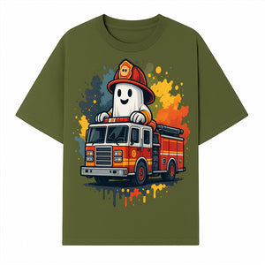 Firefighter Ghost on Fire Truck Cute Cartoon Design T-Shirt, Kids Halloween Costume Tee, Fun Spooky Apparel - T-shirt 1757912492949.jpg