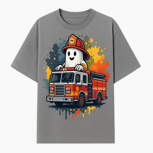 Firefighter Ghost on Fire Truck Cute Cartoon Design T-Shirt, Kids Halloween Costume Tee, Fun Spooky Apparel - T-shirt 1757912493098.jpg