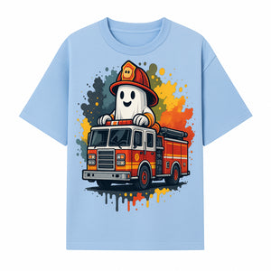 Firefighter Ghost on Fire Truck Cute Cartoon Design T-Shirt, Kids Halloween Costume Tee, Fun Spooky Apparel - T-shirt 1757912493242.jpg