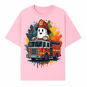 Firefighter Ghost on Fire Truck Cute Cartoon Design T-Shirt, Kids Halloween Costume Tee, Fun Spooky Apparel - T-shirt 1757912493396.jpg