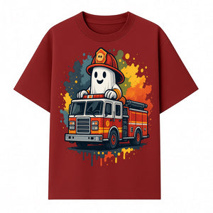 Firefighter Ghost on Fire Truck Cute Cartoon Design T-Shirt, Kids Halloween Costume Tee, Fun Spooky Apparel - T-shirt 1757912493579.jpg