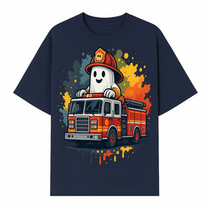 Firefighter Ghost on Fire Truck Cute Cartoon Design T-Shirt, Kids Halloween Costume Tee, Fun Spooky Apparel - T-shirt 1757912493763.jpg