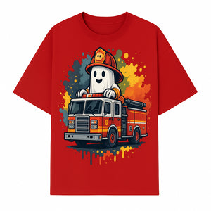 Firefighter Ghost on Fire Truck Cute Cartoon Design T-Shirt, Kids Halloween Costume Tee, Fun Spooky Apparel - T-shirt 1757912493920.jpg