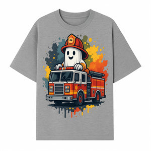 Firefighter Ghost on Fire Truck Cute Cartoon Design T-Shirt, Kids Halloween Costume Tee, Fun Spooky Apparel - T-shirt 1757912494071.jpg