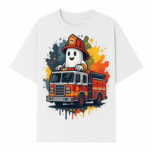 Firefighter Ghost on Fire Truck Cute Cartoon Design T-Shirt, Kids Halloween Costume Tee, Fun Spooky Apparel - T-shirt 1757912494218.jpg