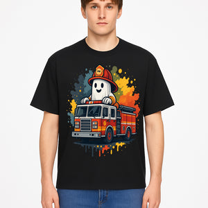 Firefighter Ghost on Fire Truck Cute Cartoon Design T-Shirt, Kids Halloween Costume Tee, Fun Spooky Apparel - T-shirt 1757912495395.jpg