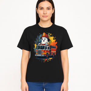 Firefighter Ghost on Fire Truck Cute Cartoon Design T-Shirt, Kids Halloween Costume Tee, Fun Spooky Apparel - T-shirt 1757912495553.jpg
